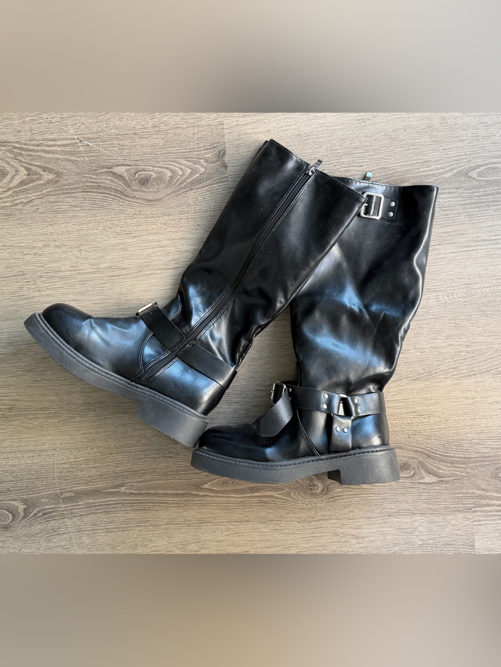 Black Moto Combat Boots with Buckle Detail